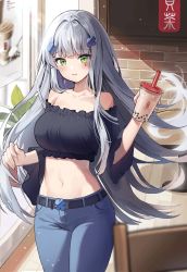Rule 34 | 1girl, alternate costume, alternate hairstyle, black shirt, blue pants, breasts, cross hair ornament, cup, denim, disposable cup, drinking straw, facial mark, girls&#039; frontline, green eyes, hair ornament, highres, hk416 (girls&#039; frontline), holding, holding cup, hyoin, indoors, jeans, large breasts, long hair, midriff, navel, off-shoulder shirt, off shoulder, pants, shirt, silver hair, solo, standing, teardrop