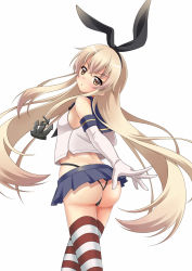 Rule 34 | 10s, 1girl, 7nanappe, ass, black panties, blonde hair, brown eyes, butt crack, crop top, elbow gloves, from behind, gloves, hairband, highres, kantai collection, long hair, looking at viewer, looking back, panties, shimakaze (kancolle), striped clothes, striped thighhighs, thighhighs, thong, underwear, very long hair, whale tail (clothing)