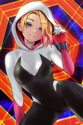 Rule 34 | 1girl, artist name, black jumpsuit, blonde hair, blue background, blue eyes, breasts, gwen stacy, highres, hood, hood up, jumpsuit, looking at viewer, marvel, medium breasts, multicolored hair, orange background, smile, solo, spider-man: across the spider-verse, spider-man: into the spider-verse, spider-man (series), spider-verse, spider web background, streaked hair, sunao (70 the), two-tone jumpsuit, white jumpsuit