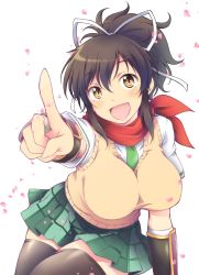 Rule 34 | 1girl, arm guards, asuka (senran kagura), bad id, bad twitter id, bandages, breasts, brown hair, cherry blossoms, green neckwear, hair ribbon, highres, index finger raised, iwami kyuuto, large breasts, long hair, looking at viewer, necktie, ninja, open mouth, outstretched hand, pointing, ponytail, red scarf, ribbon, scarf, senran kagura, shirt, sitting, skirt, smile, sweater vest, thighhighs, vest, white shirt, yellow eyes