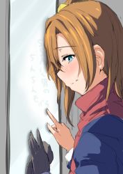 Rule 34 | 10s, 1girl, blue eyes, blush, bow, brown hair, clearite, condensation, crying, crying with eyes open, finger writing, glass writing, gloves, hair bow, hand on window, highres, kosaka honoka, leaning, leaning forward, love live!, love live! school idol project, pointing, sad, scarf, school uniform, short hair, side ponytail, solo, tears, unworn gloves, window, window fog