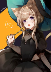 Rule 34 | 1girl, absurdres, animal ears, black background, black dress, black hat, breasts, brown hair, cat ears, cat girl, cat tail, commentary request, dated, dress, fang, halloween, hat, highres, holding, layered sleeves, long sleeves, looking at viewer, nabeniuitagomi, open mouth, orange background, original, puffy short sleeves, puffy sleeves, purple eyes, see-through, see-through sleeves, short over long sleeves, short sleeves, small breasts, solo, tail, tail raised, two-tone background, witch hat