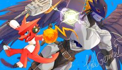 Rule 34 | beelzebumon (digimon xros wars), blue eyes, digimon, digimon (creature), fire, highres, mask, open mouth, red eyes, shoutmon, tail, wings