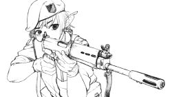 Rule 34 | 1girl, aiming, ammunition pouch, bad id, bad pixiv id, battle rifle, beret, elf, fighting stance, fn fal, gloves, greyscale, gun, gun sling, hat, jacket, md5 mismatch, military, military jacket, military uniform, monamin, monochrome, muzzle device, paratrooper, pointy ears, pouch, rifle, short hair, sketch, sleeves rolled up, sling (weapon), solo, suppressor, trigger discipline, uniform, upper body, weapon