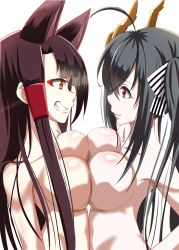 2girls ahoge akagi_(azur_lane) animal_ears azur_lane black_hair blush breast_press breasts brown_hair cleavage collarbone eyeliner fox_ears grin hair_between_eyes hair_ornament hair_ribbon highres large_breasts long_hair looking_at_another makeup mask mask_on_head multiple_girls nude red_eyes ribbon simple_background smile symmetrical_docking taihou_(azur_lane) twintails upper_body user_ujzx4875 very_long_hair white_background