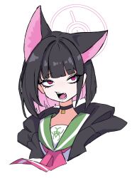 Rule 34 | 1girl, animal ears, black hair, black jacket, blue archive, cat ears, colored inner hair, dr yamero, fangs, halo, highres, jacket, kazusa (blue archive), looking at viewer, multicolored hair, no nose, open mouth, pendant choker, portrait, red eyes, sailor collar, short hair, simple background, solo, teeth, white background
