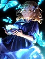 Rule 34 | 1girl, absurdres, artist name, artist request, black background, blue bow, blue butterfly, blue dress, blue skirt, blush, book, bookmark, bow, breasts, brown eyes, brown hair, bug, butterfly, buttons, dress, female focus, floating hair, frilled sleeves, frills, glasses, hair between eyes, hair bow, highres, holding, holding book, insect, kunikida hanamaru, light brown hair, long hair, long sleeves, looking at viewer, love live!, love live! school idol festival, love live! sunshine!!, miniskirt, mitaiken horizon, mitaiken horizon (love live!), parted lips, plaid, plaid dress, plaid skirt, pleated, pleated dress, pleated skirt, ribbon, round eyewear, skirt, smile, solo, striped bow, striped ribbon, wavy hair, white bow, white ribbon, yellow eyes