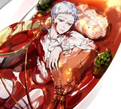 Rule 34 | 1boy, blue eyes, cutlery, dirty, dirty clothes, dirty face, food, food on clothes, food on face, highres, leaning on object, long sleeves, looking to the side, lying, male focus, neck tattoo, norman (yakusoku no neverland), number tattoo, on back, on plate, open mouth, sauce, shirt, shrimp, solo, spoon, tattoo, white hair, white shirt, yakusoku no neverland, yala1453