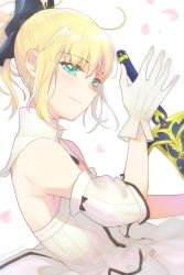 Rule 34 | 1girl, aqua eyes, artoria pendragon (all), artoria pendragon (fate), black bow, blonde hair, bow, closed mouth, detached collar, detached sleeves, fate/unlimited codes, fate (series), floating hair, gloves, hair between eyes, hair bow, highres, hoe, holding, holding sword, holding weapon, ponytail, saber lily, shayubi, shield, short hair, short sleeves, skirt, skirt set, solo, strapless, sword, upper body, weapon, white background, white gloves, white skirt, white sleeves