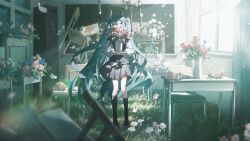 1girl absurdres aqua_eyes aqua_hair black_socks black_sweater_vest blue_flower blue_rose bouquet chair chalkboard classroom desk flower full_body grass grey_skirt hair_between_eyes hatsune_miku headset highres holding holding_bouquet konya_karasue long_hair looking_at_viewer miku_day pink_flower pink_rose plaid_clothes plaid_skirt pleated_skirt rose shirt sidelocks skirt socks solo sweater_vest vase very_long_hair vocaloid white_flower white_rose white_shirt window