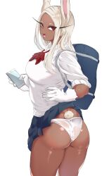 Rule 34 | 1girl, absurdres, animal ears, ass, bag, blue skirt, boku no hero academia, bow, bowtie, breasts, dark-skinned female, dark skin, gloves, hand on own hip, highres, holding, holding phone, long eyelashes, long hair, looking at viewer, loose bowtie, medium breasts, mirko, omanju25, open mouth, panties, parted bangs, phone, pleated skirt, rabbit ears, rabbit girl, rabbit tail, red bow, red bowtie, red eyes, school uniform, shiny skin, shirt, shoulder bag, skirt, sleeves rolled up, solo, tail, thighs, twisted torso, underwear, white background, white gloves, white hair, white panties, white shirt