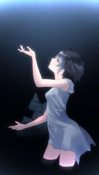 Rule 34 | arm up, black hair, blue eyes, dress, highres, looking up, open mouth, original, rikkukku, ruins, short hair, solo, torn clothes, wading, water