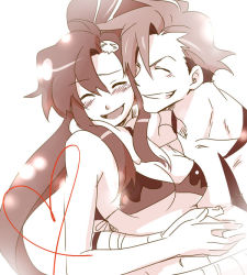 00s 1boy 1girl bikini bikini_top_only blush couple closed_eyes grin happy heart hetero holding hug kamina_(ttgl) rikko rikko_(peso) sepia smile swimsuit tengen_toppa_gurren_lagann yoko_littner