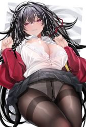 Rule 34 | 1girl, armband, azur lane, black hair, black skirt, bra, breasts, brown pantyhose, clothes lift, commentary request, highres, keishi surota, lace, lace bra, large breasts, long hair, long sleeves, looking at viewer, lying, official alternate costume, on back, on bed, open clothes, open shirt, panties, panties under pantyhose, pantyhose, parted lips, pleated skirt, red eyes, school uniform, skirt, skirt lift, solo, taihou (azur lane), taihou (sweet time after school) (azur lane), thighband pantyhose, underwear, white bra, yellow armband