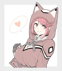 Rule 34 | 1girl, black gloves, bob cut, breasts, closed mouth, dangle earrings, disguised pyra (xenoblade), earrings, fingerless gloves, gloves, hand on own chest, heart, highres, hood, hoodie, jewelry, large breasts, long sleeves, mochimochi (xseynao), pyra (xenoblade), red eyes, red hair, short hair, simple background, smile, solo, swept bangs, twitter username, upper body, xenoblade chronicles (series), xenoblade chronicles 2