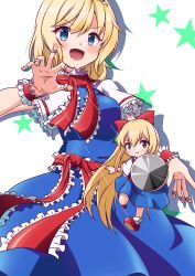 Rule 34 | 1girl, :d, absurdres, alice margatroid, apron, blonde hair, blue dress, blue eyes, blush, book, bow, bowtie, breasts, capelet, closed mouth, commentary, cowboy shot, doll, dress, grimoire of alice, hair between eyes, hair bow, hairband, highres, jewelry, lance, looking at viewer, mary janes, medium breasts, open mouth, polearm, red bow, red bowtie, red footwear, red hairband, red sash, ring, sash, shanghai doll, shoes, short hair, simple background, smile, solo, standing, string, swept bangs, takuman135, touhou, weapon, white apron, white capelet, wrist cuffs