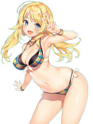 Rule 34 | 1girl, :d, ahoge, armpits, artist name, bangle, bare shoulders, bikini, black bikini, blonde hair, blue eyes, blush, bracelet, breasts, cleavage, collarbone, commentary request, cowboy shot, fingernails, groin, hachimiya meguru, hair between eyes, hair ornament, hairclip, highres, hip focus, idolmaster, idolmaster shiny colors, inuzumi masaki, jewelry, large breasts, layered bikini, leaning forward, long hair, looking at viewer, low twintails, nail polish, navel, necklace, open mouth, shiny skin, side-tie bikini bottom, sidelocks, simple background, skindentation, smile, solo, stomach, swimsuit, thighs, twintails, v, white background, wristband