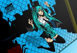 Rule 34 | 1girl, bad id, bad pixiv id, chain-link fence, detached sleeves, fence, green hair, hatsune miku, kai (pixiv93444), solo, thighhighs, twintails, vocaloid, zettai ryouiki
