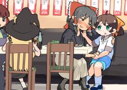 Rule 34 | 114514, 1boy, 3girls, black hair, black ribbon, black shirt, blonde hair, blue footwear, blue shorts, blunt bangs, blush, booth seating, bow, brown hair, chair, commentary request, cookie (touhou), drink, drunk, frilled bow, frilled hair tubes, frills, full body, green eyes, grey skirt, hair bow, hair ornament, hair tubes, hakurei reimu, hand on another&#039;s shoulder, highres, indoors, kirisame marisa, leftame, long hair, long sleeves, looking at another, multiple girls, neck ribbon, nose blush, open mouth, red bow, ribbon, rurima (cookie), sananana (cookie), shirt, short hair, short sleeves, shorts, sidelocks, sitting, skirt, smile, sn (zigzagspark6) (character), socks, star (symbol), star hair ornament, suzu (cookie), table, touhou, triangle mouth, white shirt, white socks