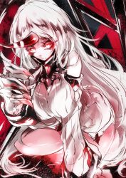 Rule 34 | 10s, 1girl, abyssal ship, bare shoulders, breast press, breasts, claws, detached sleeves, dress, female focus, frown, highres, horns, kanaria (fuusenkazura), kantai collection, large breasts, long hair, looking at viewer, pale skin, red eyes, ribbed dress, seaport princess, single horn, solo, very long hair, white hair