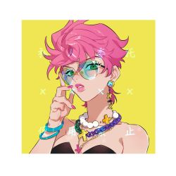 Rule 34 | 1girl, absurdres, bare shoulders, bracelet, breasts, earrings, green eyes, highres, honlo, jewelry, jojo no kimyou na bouken, looking at viewer, medium breasts, necklace, pearl necklace, pink hair, pink lips, pink nails, portrait, solo, strapless, sunglasses, trish una, tube top, vento aureo