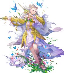Rule 34 | 1girl, animal, bird, blue butterfly, blue eyes, breasts, bug, butterfly, comic, covered collarbone, dagger, detached sleeves, dress, dual wielding, earrings, eir (fire emblem), feet, female focus, fire emblem, fire emblem heroes, flower, flower earrings, frills, full body, gold trim, grey hair, haccan, hair ornament, highres, holding, holding dagger, holding knife, holding weapon, insect, jewelry, knife, long dress, long hair, medium breasts, nintendo, non-web source, official art, ponytail, sandals, see-through, skirt, solo, thighs, tiara, toeless footwear, toes, torn clothes, torn dress, torn skirt, torn sleeves, transparent background, weapon, wide sleeves