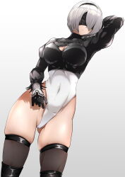 Rule 34 | 1girl, 2b (nier:automata), absurdres, arm behind head, arm up, blindfold, boots, breasts, cleavage cutout, clothing cutout, commentary request, covered navel, curvy, feather trim, gloves, gluteal fold, hair ornament, hairband, highleg, highleg leotard, highres, leotard, long sleeves, medium breasts, mole, mole under mouth, nier:automata, nier (series), orionstar, parted lips, puffy sleeves, shiny clothes, shiny skin, short hair, simple background, solo, thigh boots, thighhighs, thighs, thong leotard, turtleneck, white hair, white leotard, wide hips