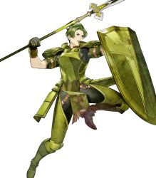 Rule 34 | 1boy, armor, armored boots, boots, fire emblem, fire emblem echoes: shadows of valentia, fire emblem heroes, forsyth (fire emblem), full body, gloves, green armor, green eyes, green hair, highres, male focus, nintendo, official art, open mouth, polearm, shield, solo, spear, teeth, transparent background, weapon