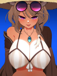 Rule 34 | 1girl, absurdres, animal ears, arknights, asymmetrical hair, bikini, black jacket, blue background, blue gemstone, blush, braid, breasts, brown bikini, brown hair, cleavage, commentary, covered erect nipples, eyewear on head, fang, gem, hair ornament, hairclip, hat, highres, jacket, jewelry, large breasts, long hair, looking at viewer, necklace, off shoulder, official alternate costume, open clothes, open jacket, open mouth, pendant, purple-tinted eyewear, purple eyes, round eyewear, shade, side braid, skin fang, smile, solo, stine r, straw hat, striped bikini, striped clothes, sunglasses, swept bangs, swimsuit, tinted eyewear, two-tone bikini, upper body, utage (arknights), utage (summer flowers) (arknights), white bikini, x hair ornament