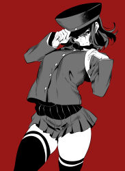 Rule 34 | 10s, 1girl, akitsu maru (kancolle), arched back, bad id, bad pixiv id, black hat, contrapposto, cowboy shot, gloves, hair between eyes, hat, head tilt, highres, hohehohe, kantai collection, military, military uniform, monochrome, peaked cap, pleated skirt, red background, simple background, skirt, solo, standing, thighhighs, uniform
