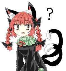 Rule 34 | 1girl, ?, animal ears, black bow, black dress, bow, braid, cat ears, cat tail, chups, closed mouth, cowboy shot, dress, extra ears, fang, frilled dress, frilled sleeves, frills, green frills, highres, kaenbyou rin, long sleeves, looking at viewer, multiple tails, nail polish, open mouth, red eyes, red hair, red nails, red neckwear, ribbon, solo, tail, touhou, twin braids, two tails, white background