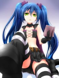 Rule 34 | 1girl, belt, black gloves, black panties, black skirt, blue hair, book, boots, cape, gloves, gradient background, green eyes, hair ornament, hair ribbon, holding, holding book, innocent red, navel, original, panties, pantyshot, pov, ribbon, skirt, solo, striped clothes, striped thighhighs, thighhighs, twintails, underwear, usami eru, watarui
