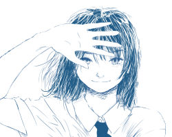 Rule 34 | 1girl, bad id, bad pixiv id, blue theme, face, hand over face, iro (waterloafer), looking at viewer, monochrome, school uniform, simple background, smile, solo, white background