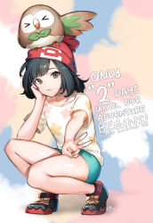 Rule 34 | &gt; &lt;, 1girl, 2016, alternate color, beanie, bird, black eyes, black footwear, black hair, blunt bangs, closed eyes, closed mouth, collarbone, copyright name, creature on head, creatures (company), english text, floral print, footwear ribbon, foreshortening, full body, game freak, gen 7 pokemon, green shorts, hand gesture, hand on own cheek, hand on own face, hat, looking at viewer, multicolored background, nagu, nintendo, no socks, on head, outstretched arm, outstretched wings, owl, pink lips, pokemon, pokemon (creature), pokemon on head, pokemon sm, red hat, ribbon, rowlet, selene (pokemon), shiny skin, shirt, shoes, short hair, short shorts, short sleeves, shorts, smile, squatting, v, yellow ribbon, yellow shirt