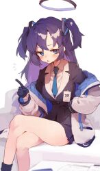 Rule 34 | 1girl, black gloves, black skirt, blue archive, blue necktie, blush, breasts, gloves, halo, jacket, large breasts, long hair, looking at viewer, necktie, off shoulder, open mouth, purple eyes, purple hair, rimukoro, school uniform, shirt, sitting, skirt, solo, triangle hair ornament, white shirt, yuuka (blue archive)