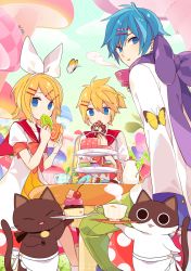 Rule 34 | 1girl, 2boys, :3, apron, blonde hair, blue eyes, bow, brother and sister, bug, butterfly, cat, cloud, collar, cup, cupcake, day, dessert, doughnut, dress, eating, food, hair between eyes, hair ornament, hair ribbon, hairclip, headband, holding, holding cup, holding food, bug, kagamine len, kagamine rin, kaito (vocaloid), looking at viewer, looking back, macaron, multiple boys, mushroom, nail polish, neck ribbon, open mouth, outdoors, pants, plate, polka dot, ribbon, sailor collar, scarf, scarf bow, short hair, short sleeves, siblings, sitting, sleeves past wrists, steam, striped, table, teacup, teapot, tiered tray, twins, vocaloid, yoshiki