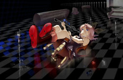 Rule 34 | 1girl, alternate costume, black bow, blonde hair, blue eyes, boots, bow, broken, chair, checkered bow, checkered clothes, checkered floor, chess piece, couch, cross-laced footwear, crossed ankles, diamond (shape), dice, dress, eyebrows, eyes visible through hair, fence, frills, frown, full body, glowing, hair between eyes, hair bow, hair ornament, hairclip, heart, highres, hmniao, instrument, kagamine rin, knight (chess), lace-up boots, lying, microphone stand, music, musical note, on back, on chair, pawn (chess), pillar, playing instrument, quaver, reflection, short hair, sitting, sleeveless, sleeveless dress, solo, swept bangs, treble clef, violin, vocaloid, white background