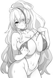 Rule 34 | 1girl, azur lane, azur lane: slow ahead, bare shoulders, bikini, breasts, choker, cleavage, closed mouth, collarbone, eyes visible through hair, greyscale, groin, hair over one eye, high ponytail, highleg, highleg swimsuit, holding strap, hori (hori no su), large breasts, long hair, looking at viewer, monochrome, multicolored hair, navel, official art, simple background, smile, solo, stomach, streaked hair, swimsuit, unzen (azur lane), unzen (sojourn through clear seas) (azur lane), upper body, very long hair, white background