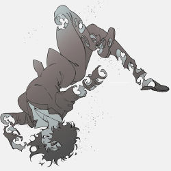 Rule 34 | 1girl, arched back, chain sumeragi, fang, floating, formal, grey background, greyscale, grin, highres, kekkai sensen, messy hair, monochrome, pant suit, pants, short hair, simple background, smile, solo, suit, ta0oxo0ma, teeth, upside-down