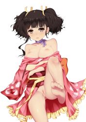 Rule 34 | 10s, 1girl, bare legs, bare shoulders, barefoot, bba1985, blush, breasts, breasts out, brown eyes, brown hair, choker, cleavage, clitoris, feet, floral print, foot focus, gluteal fold, hair ribbon, highres, japanese clothes, kimono, koutetsujou no kabaneri, leg up, long sleeves, looking at viewer, medium breasts, mumei (kabaneri), naked kimono, nipples, no panties, off shoulder, pussy, ribbon, ribbon choker, short hair, short kimono, sitting, solo, transparent background, twintails, uncensored