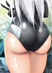 Rule 34 | 1girl, artist request, ass, ass focus, black heart (neptunia), from behind, gloves, head out of frame, highres, leotard, long hair, neptune (series), noire (neptunia), peace symbol, shiny clothes, shiny skin, solo, v, very long hair, white hair