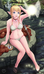 Rule 34 | 1girl, barefoot, bikini, blonde hair, blue eyes, bow (weapon), breasts, cleavage, compass, crossbow, feet, full body, gloves, unworn gloves, grass, halterneck, highres, hyrule warriors, jewelry, linkle, medium breasts, nature, necklace, nintendo, nuppa, outdoors, pointy ears, river, sitting, solo, stomach, string bikini, swimsuit, the legend of zelda, water, weapon, white bikini