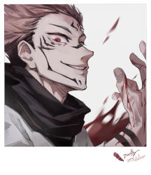 Rule 34 | 1boy, absurdres, black scarf, blood, blood splatter, blood on hands, border, brown hair, dated, deacon yuan, extra eyes, facial tattoo, hand up, highres, jujutsu kaisen, looking at viewer, male focus, parted lips, red eyes, ryoumen sukuna (jujutsu kaisen), scarf, short hair, signature, smile, solo, tattoo, upper body, white border