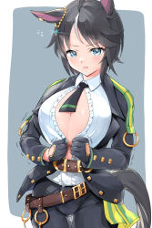 Rule 34 | 1girl, absurdres, ahoge, animal ears, belt, black gloves, black hair, black jacket, black necktie, black pants, blue eyes, blush, breasts, brown belt, center frills, center opening, cleavage, collared shirt, commentary request, commission, cowboy shot, dress shirt, ear ornament, ear piercing, flying sweatdrops, frilled shirt, frills, fuji kiseki (umamusume), glint, gloves, grey background, hair between eyes, highres, horse ears, horse girl, horse tail, jacket, kntrs (knyrs), large breasts, long sleeves, looking at viewer, motion lines, multicolored hair, necktie, open clothes, open jacket, pants, parted lips, partially unbuttoned, piercing, pixiv commission, shirt, short hair, sidelocks, solo, standing, tail, thigh gap, umamusume, undersized clothes, white hair, white shirt
