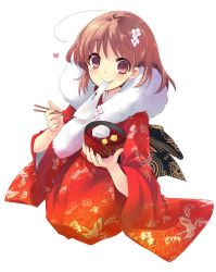 Rule 34 | brown hair, eating, flyable heart, hair ornament, inaba yui, ito noizi, japanese clothes, kimono, pink eyes, solo