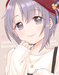 Rule 34 | 1girl, absurdres, beret, blush, dated, grey eyes, grey hair, happy birthday, hat, heart, highres, idolmaster, idolmaster cinderella girls, jewelry, looking at viewer, necklace, otokura yuuki, ribbon, short hair, signature, sleeves past wrists, smile, solo, star (symbol), star necklace, sweater, upper body, yui (spica)
