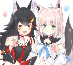 Rule 34 | 2girls, animal ears, black hair, blue eyes, collarbone, commentary request, detached sleeves, fang, fox ears, fox tail, hair ornament, hairclip, highres, hololive, long hair, looking at viewer, multiple girls, ookami mio, ookami mio (1st costume), open mouth, paw pose, red eyes, shirakami fubuki, shirakami fubuki (1st costume), silver hair, simple background, smile, tail, village cat, virtual youtuber, wolf ears