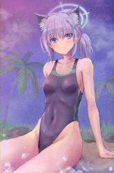 Rule 34 | 1girl, animal ear fluff, animal ears, awayuki tobari, black one-piece swimsuit, blue archive, blue eyes, breasts, competition swimsuit, covered navel, cross hair ornament, extra ears, grey hair, hair ornament, halo, highleg, highleg swimsuit, highres, low ponytail, medium hair, mismatched pupils, multicolored clothes, multicolored swimsuit, official alternate costume, one-piece swimsuit, palm tree, shiroko (blue archive), shiroko (swimsuit) (blue archive), sitting, sky, small breasts, smile, solo, star (sky), starry sky, swimsuit, tree, twilight, wolf ears
