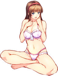 Rule 34 | 1girl, 846-gou, :d, bad id, bad pixiv id, barefoot, bikini, blue eyes, blush, breasts, brown hair, cleavage, covered erect nipples, dead or alive, full body, hairband, highres, hitomi (doa), indian style, long hair, navel, open mouth, sitting, smile, solo, swimsuit, white background