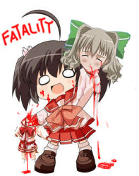 Rule 34 | 2girls, :d, ahoge, aisia, black hair, blood, blood on face, bobby socks, bow, chibi, crossover, da capo, da capo i, decapitation, english text, food, fruit, full body, green bow, grey hair, guro, hair between eyes, hair bow, hair intakes, hair ribbon, loafers, long sleeves, looking at viewer, lowres, mortal kombat (series), multiple girls, no pupils, o o, open mouth, parody, pleated skirt, raised eyebrows, ribbon, school uniform, serafuku, severed head, shoes, short twintails, simple background, skirt, smile, socks, standing, third-party edit, to heart (series), to heart 2, twintails, wavy hair, white background, yuzuhara konomi